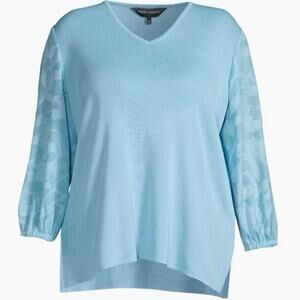 MING WANG Baby Blue Floral Balloon Sleeve V-Neck Top Knit - Sz 2X